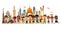 multicultural diverse children cartoon with city skyline of world landmarks on white background. generative ai AIG32