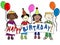 Multicultural kids with Birthday banner