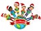 Multicultural kids wearing xmas hat singing Christmas carol Earth isolated