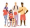 Multicultural Sport Team Portrait. Happy disabled girl sitting in wheelchair and holding basketball ball. A young woman
