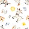 Multidirectional watercolor seamless pattern with farm animals, donkey, goat, goose, fence, sun