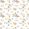 Multidirectional watercolor seamless pattern with farm animals, donkey, goat, goose, fence, sun on a white background