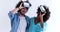 Multiethnic couple getting experience using VR headset glasses