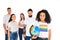 multiethnic group of young people standing behind african american woman with lgbt sign on t-shirt holding globe isolated