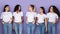 Multiethnic Millennials Ladies Looking At Each Other Standing, Purple Background