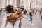 Multiethnic wedding couple. Wedding in Florence, Italy. African-American bride hugs from behind a Caucasian groom.