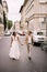 Multiethnic wedding couple. Wedding in Florence, Italy. African-American bride in a white dress and Caucasian groom in a