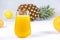 Multifruit juice in glass on white background. Orange juice.Fresh fruits.Healthy food and drink. Limons and tangerines. A