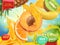 Multifruit juice. Sweet tropical fruits. 3d vector