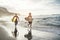 Multigeneration friends going to surf on tropical beach - Family people having fun doing extreme sport - Joyful elderly and