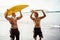 Multigeneration friends going to surf on tropical beach - Family people having fun doing extreme sport - Joyful elderly and