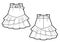 Multilayer skirt flat sketch, Skirt fashion technical drawings, vector template.
