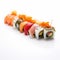 Multilayered Sushi On White Surface - A Graceful Balance Of Colors
