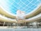 Multilevel Megamall hall with glass roof and a fountain.