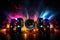 Multimedia acoustic speakers with neon lighting. Sound audio system in the bright rays of spotlights