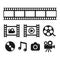 Multimedia, cinematography and entertainment black vector icons.