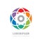 Multimedia concept business logo design. Atom molecule science sign.  Social media communication positive symbol. Teamwork