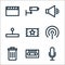 multimedia line icons. linear set. quality vector line set such as voice, cassette, trash bin, ticket, console, sound, cctv