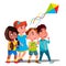Multinational Children Flying Multi-Colored Kite Into The Sky Vector. Isolated Illustration