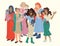 Multinational group of happy mothers hold babies in arms. Vector illustration