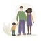 Multinational happy family. Husband European, wife Black woman, son with black skin holding his father`s hand. The concept of peac