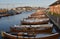 Multiple Beautiful wooden boats are lined up in Norwegian town of Stavern