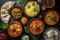 multiple bowls of Indian food served in small serving bowls on a dark background.