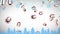 Multiple christmas gift icons falling against christmas hanging decorations on grey background