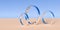 Multiple chrome retro rings objects in surreal abstract desert landscape with blue sky background, geometric primitive fantasy