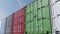 Multiple colored cargo containers against blue sky, shallow focus. 3D rendering