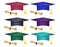 Multiple colored graduation hats & diplomas