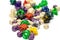 Multiple colorful role playing dices lying on backgroun