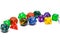 Multiple colorful role playing dices lying on backgroun