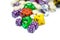 Multiple colorful role playing dices lying on backgroun