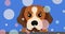 Multiple colorful spots floating against cute puppy face icon with copy space on blue background