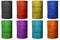 Multiple colors old oil barrel tank objects isolated for industrial graphics design