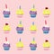 Multiple colourful cupcakes with candles over pink background