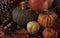 Multiple colourful pumpkins, leaves and conkers