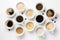 Multiple cups of coffee with variety of coffee drinks overhead view, generative AI