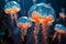 Multiple jellyfish swim gracefully in the water