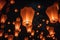 Multiple lighted chinese lanterns over sky with clouds created using generative ai technology