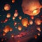 Multiple lighted chinese lanterns over sky with clouds created using generative ai technology