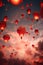 Multiple lighted chinese lanterns over sky with clouds created using generative ai technology