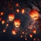 Multiple lighted chinese lanterns over tree and sky created using generative ai technology