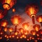 Multiple lighted chinese lanterns with pattern over sky created using generative ai technology