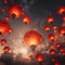 Multiple lighted chinese lanterns with pattern over sky created using generative ai technology