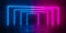 Multiple modern futuristic abstract blue, red and pink neon glowing light rectangle gates or frames rotated in dark room
