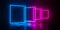 Multiple modern futuristic abstract blue, red and pink neon glowing light squares frames offset in dark room background with