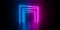 Multiple modern futuristic abstract blue, red and pink neon glowing light squares gates or frames rotated in dark room background