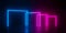 Multiple modern futuristic abstract blue, red and pink neon glowing light squares gates offset in dark room background with